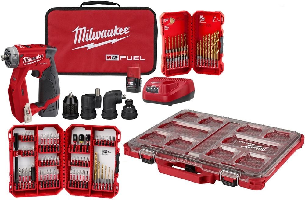 Milwaukee M12 FUEL Installation Drill/Driver Kit PACKOUT Low-Profile Organizer 60pc SHOCKWAVE Drill Bit Set & 23pc Titanium Drill Bit Set